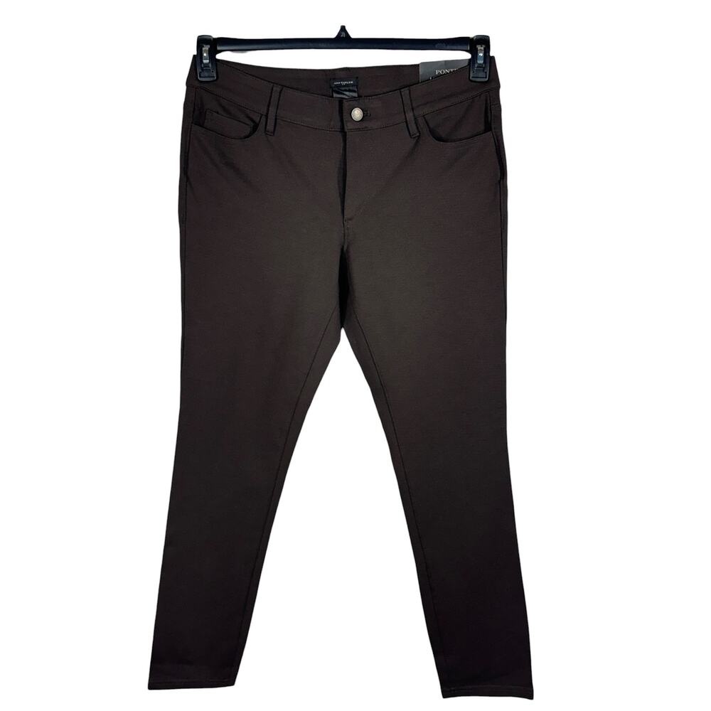 Ann Taylor SZ 12 Ponte Skinny Leg Pants Stretch Zip-Fly Mid-Rise Pockets Brown